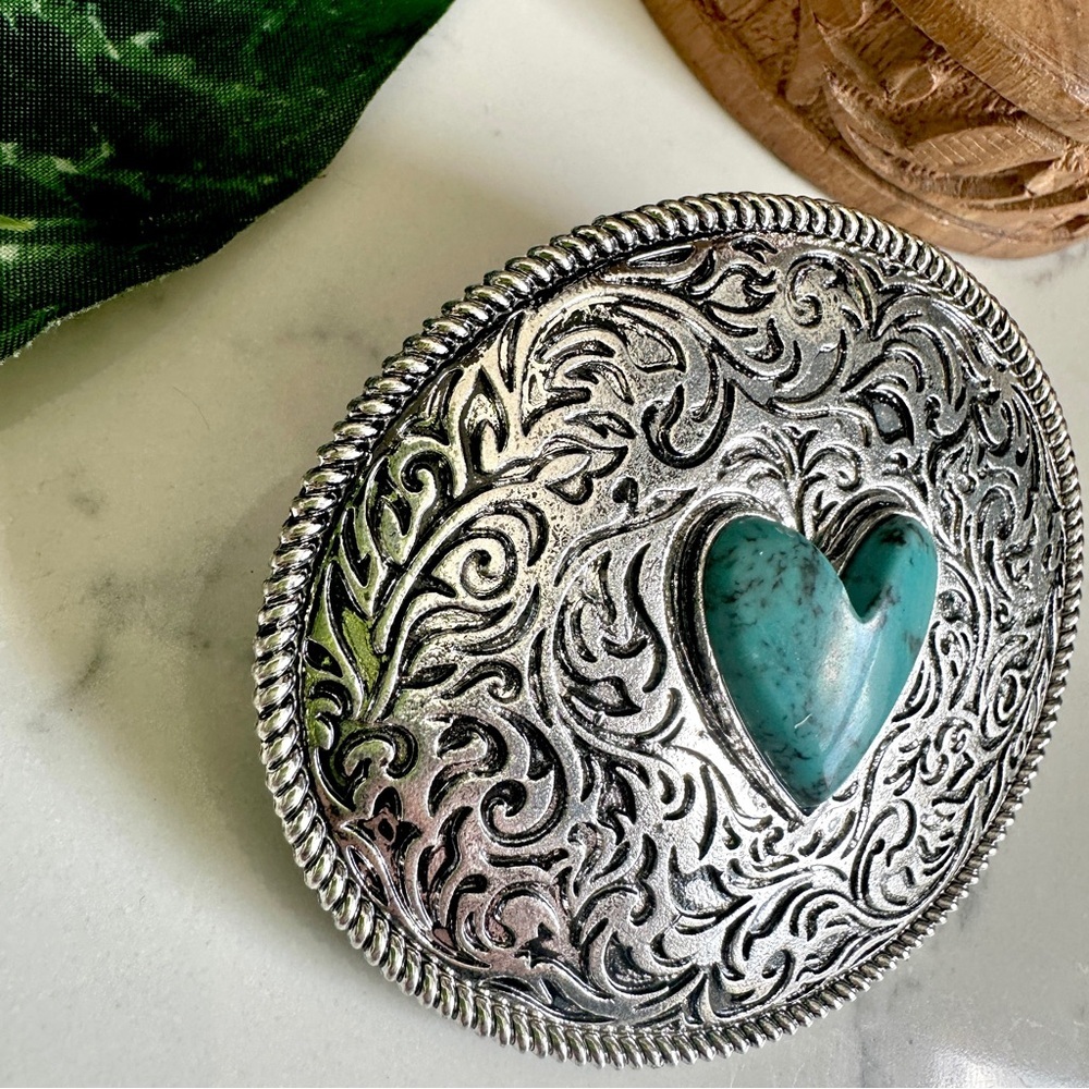 2/$30🌵 Turquoise Stone Heart Oval Metal Barrette Western Rodeo Hair Accessory - Picture 7 of 10